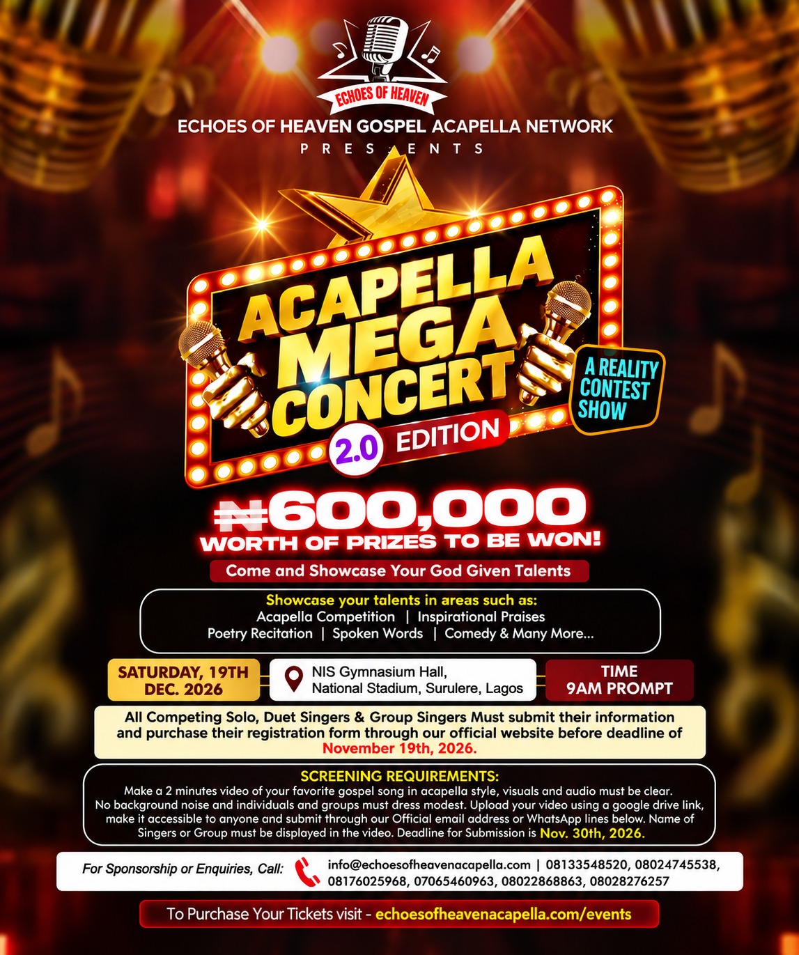 Acapella Mega Concert 2.0 flyer with event date, venue, prize and screening information