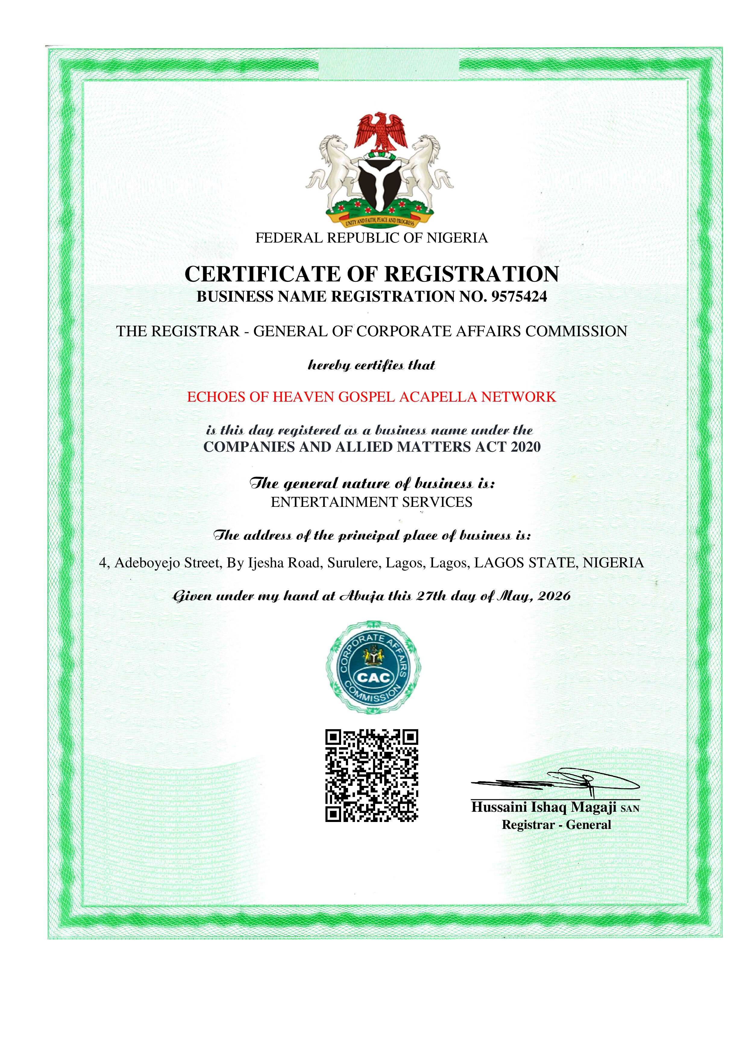 CAC Certificate of Registration — Echoes of Heaven Gospel Acapella Network